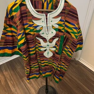 African Print Dashiki Shirt in Green, Yellow & Blue